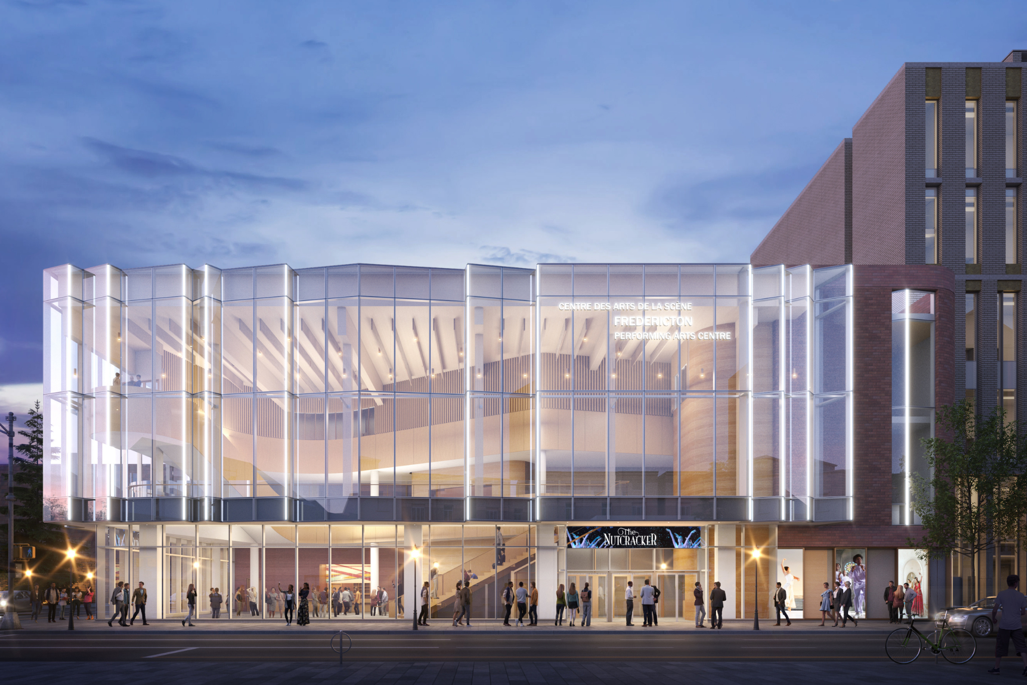 A concept art design on the new Performing Arts Centre: a wide, futuristic glass structure that hosts a bright, welcoming, lobby with a wooden aesthetic.