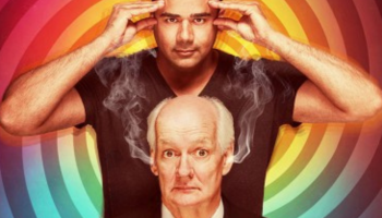 Colin Mochrie and Asad Mecci on a rainbow background