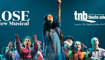 A group of people with the central person raising their arm up high. The words Rose a New Musical and TNB in the background.