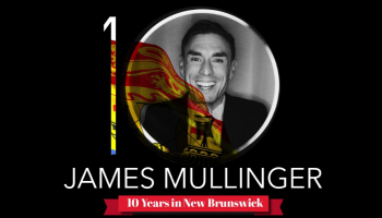A photo of James Mullinger with the number 10 and an NB flag superimposed over his face.