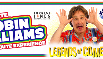 A man making a funny face on a white background with a colourful border. The words, 'The ultimate Robin Williams Tribute" are on the left of his image.