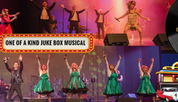 A colorful assortment of performers dressed in 50s & 60s fashion.