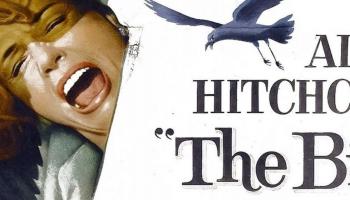 A crop of the movie poster of Alfred Hitchcock's The Birds featuring a woman screaming