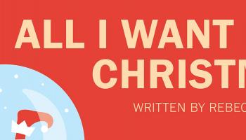 All I want for Christmas in yellow text on a red background with a set of elf feet sticking up in the air along the bottom