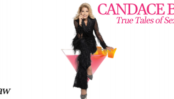 Meet the real Carrie Bradshaw. Candace Bushnell True Tales of Sex, Success and Sex and the City. Image of Candace Bushnell sitting on a martini glass, text