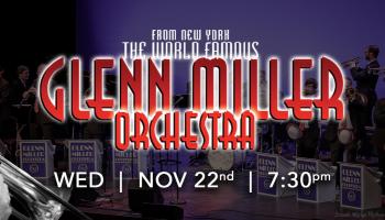 A black and white image of a man with a trumpet on the left and the words Glenn Miller Orchestra in red beside him.