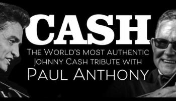 Two black and white images of a musician with the word CASH in bold white and smaller text Paul Anothony.