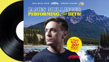 An image of James Mullinger on an album cover with a record rolling out of the sleeve.