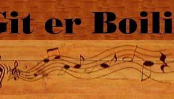 A wooden plank with the words Git er Boilin on it. a cartoon man with jug of moonshine and music notes are seen on the plank.