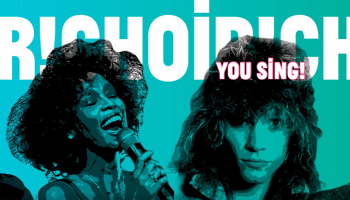 Stylised black images of singers from the 1980s against a teal green background