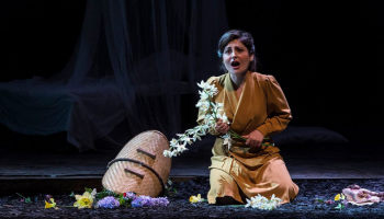 A person on stage with a basket and flowers. 