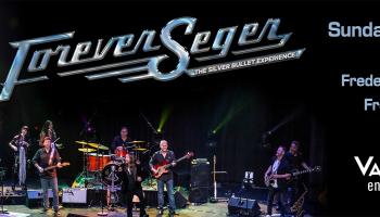 An image of Bob Seger's face on the left with a centered image of the Silver Bullet band. The words Forever Seger in silver lettering along the top middle.