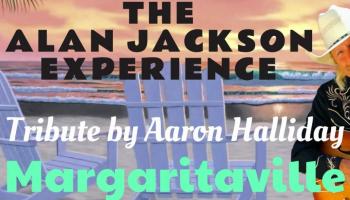 An image of a beach sunset with palm trees in the background. The words, 'The Alan Jackson Experience' centered in black font. Tribute by Aaron Halliday in white font.