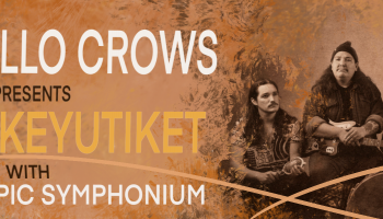 The words, 'The Hello Crows presents Nutankeyutiket with The Olympic Symphonium' are on the left in block letters and the band The Hello Crows is pictured on the right of the image over a sepia toned background.