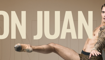 The words, 'Don Juan' in beige block letters over a shaded gold background with a ballerina posing to the right of the words.