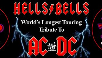 The words, 'Hells Bells World's Longest Touring Tribute to AC/DC' in red and white lettering on a black background.