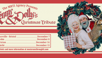 A light yellow background divided by red stripes with an image of Kylie Fox and Josh Bravener dressed up as Dolly & Kenny with a wreath and a reindeer.