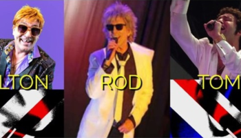 An image of Elton Jon, Rod Stewart and Tom Jones impersonators with the words, 'Elton, Rod, Tom' over each person.