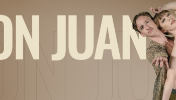 The words, 'Don Juan' in beige block letters over a shaded gold background with two ballerinas posing to the right of the words.