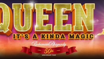 The word 'Queen' in bright gold lettering centered. The singer dressed as Freddy Mercury is positioned off to the right of the image.