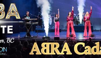 On The left, the words, 'ABBA Tribute' in large gold and white lettering. The group is pictured on stage in pink costumes above the words ABRA Cadabra in yellow/gold lettering.