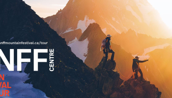 An image of a beautiful Mountain setting with 2 silhouettes climbing on it. The words, 'BANFF Centre Mountain Film Festival' along the bottom.