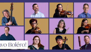 11 musicians in yellow or pink squares.