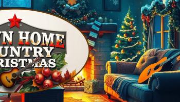 The words, 'Down Home Country Christmas' over the background of a cozy living room decorated for Christmas.