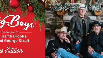 On the left of the image in white lettering are the words, 'Country Boys A Tribute to the music of Alan Jackson, Garth Brooks, Brad paisley, George Strait. Christmas Edition' over a red background. The right side of the image is the four musicians in the band in a Christmas setting.