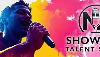 A bright multi-coloured image of a person singing into a microphone. The words, 'NB Showcase Talent Search' to the right of the image.