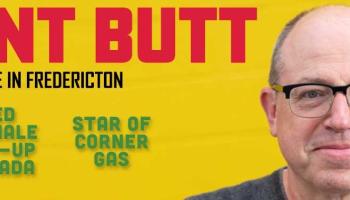 The words Brent Butt in red block letters over a yellow background with a head shot of Brent Butt to the right of the lettering.
