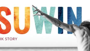 The word PISUWIN in bright colours with a man bending forward away from the camera, arms outstretched. 