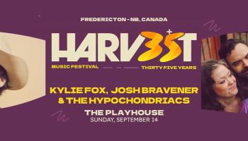 The words, 'Harvest Must Festival, 35 Years, Kylie Fox, Josh Bravener & The Hypochondriacs' in yellow lettering in the center of the image. A picture of Josh Bravener to the left of the words and an image of the Hypochondriacs with Kylie to the right.