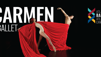 Two ballet dancers are centered in the image with flowing red material around them. The words, 'Carmen Ballet' are in white lettering over a black background with Atlantic Ballet Atlantique's logo on the right.