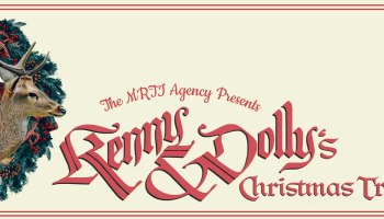 An image of kylie Fox dressed up as Dolly Parton with Josh Bravener dressed as Kenny Rogers with a Holiday wreath surrounding them. The words, 'Kenny & Dolly's Christmas Tribute' in red lettering over a light yellow background are to the right of their image.