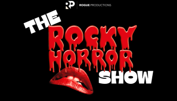 The words, 'The Rocky Horror Show' in Red and white lettering over a black background. An image of bright red lips appear near the bottom.