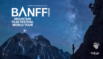 An image of a climber in silhouette on a mountain with the night sky in the background. The words, 'Banff Centre Mountain Film Festival World Tour' in white lettering.