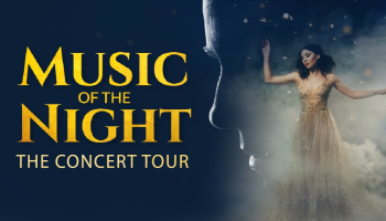 An image of a women in a cream coloured dress over a profile of a face with a dark blue background. The words, 'Music of the Night, The Concert Tour' in yellow lettering.