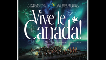 An image of an orchestra on stage with Northern lights streaming up from behind them. The words, 'Vive le Canada! New Brunswick Youth Orchestra / Orchestre des jeunes du Nouveau-Brunswick' in white lettering.