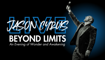 An image of Jason Cyrus holding a mic and looking up. The words, 'Jason Cyrus Beyond Limits' in white lettering to the left of his image over a blue and black background.