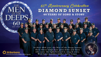 An image of a large group of people in miner hats, dressed in dark blue. The words, 'Men of the Deeps 60th Anniversary' are above the image.
