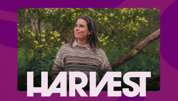 An image of Steph Strings outside looking off in the distance. The word HARVEST is below the image in light purple lettering.