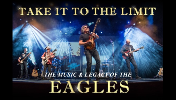The words, 'Take it to the limit, The Music and Legacy of the Eagles' in yellow text around an image of a banc on stage with show lighting.