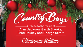 The words, 'Country Boys A tribute to the music of Alan Jackson, Garth Brooks, Brad Paisley and George Strait, Christmas Edition' in white lettering over a red background. Four people in cowboy hats are on either side of the words.