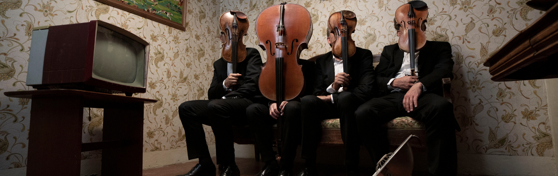 4 musicians holding string instruments in front of their faces