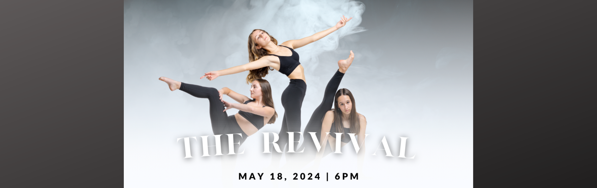 Three young dancers in various poses with a smokey gradient grey background. The words The Revival in white along the bottom.