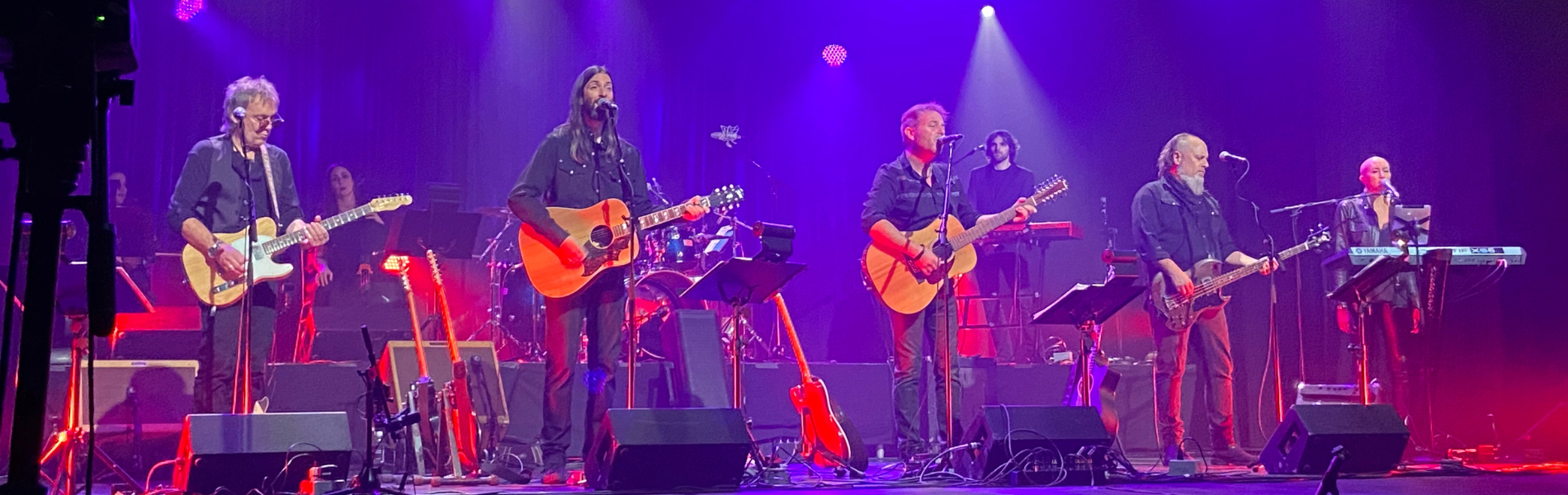 A group of 5 musicians on stage under purple and red stage lights