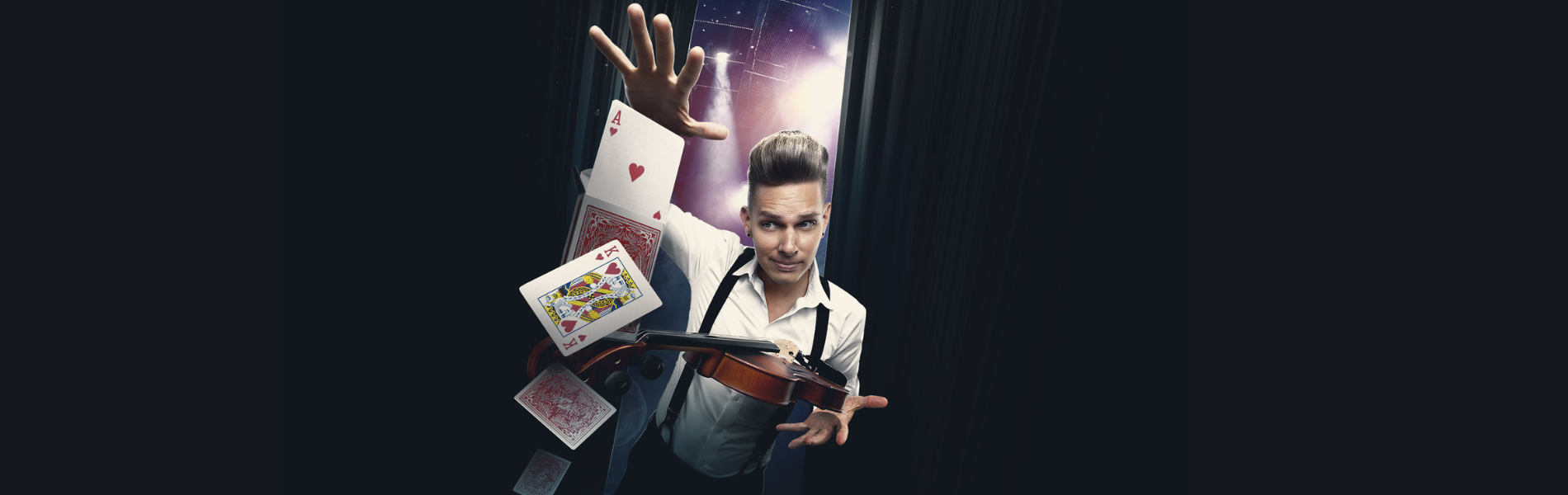 Chris Funk is centered on a dark background with the image of a violin in one hand and playing cards floating in the air under his other hand. 