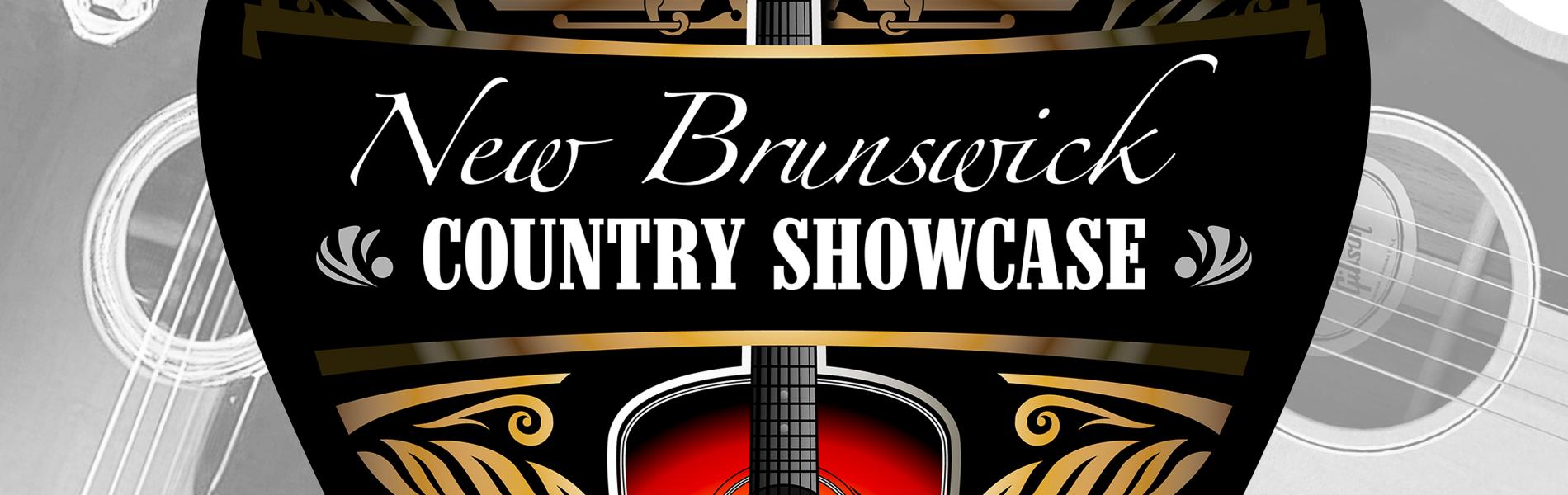 A cropped image of a black guitar pic with the words New Brunswick Country Showcase in white.