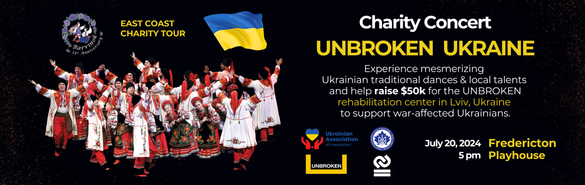 A large group of people dressed in traditional Ukrainian outfits with their arms raised with the words Charity Concert Unbroken Ukraine on the right.
